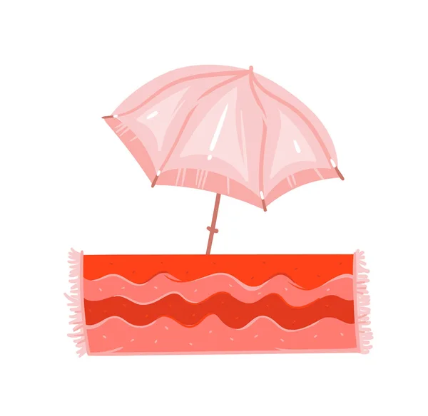 Hand drawn vector abstract graphic cartoon summer time flat illustrations with pink pastel colored beach umbrella and bohemian carpet isolated on white background — Stock Vector