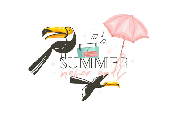손으로 그린된 벡터 추상적인 그래픽 만화 여름 시간 평면 일러스트 인쇄 큰부리새, 우산, 레코드 음악 플레이어와 여름 끝 인용 흰색 배경에 고립 된 인쇄 술 — 스톡 벡터