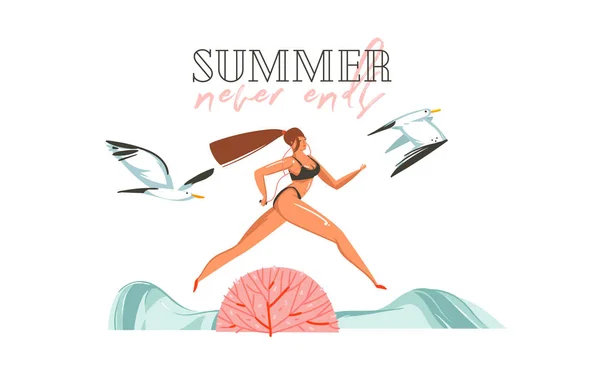 手绘矢量抽象图形卡通夏季时间平面插图打印与奔跑的女孩和海鸥在海滩场面和夏天从未结束版式引号在白色背景上隔离 — 图库矢量图片