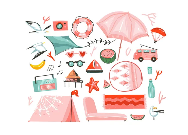 Ręka wektor ciągnione Abstrakcja graficzny kreskówka lato czas ilustracje płaski zestaw kolekcja z camping namiot, camper, parasol, ptaków seagull, gramofon, dywany, kabiny na plaży na białym tle na białym tle — Wektor stockowy