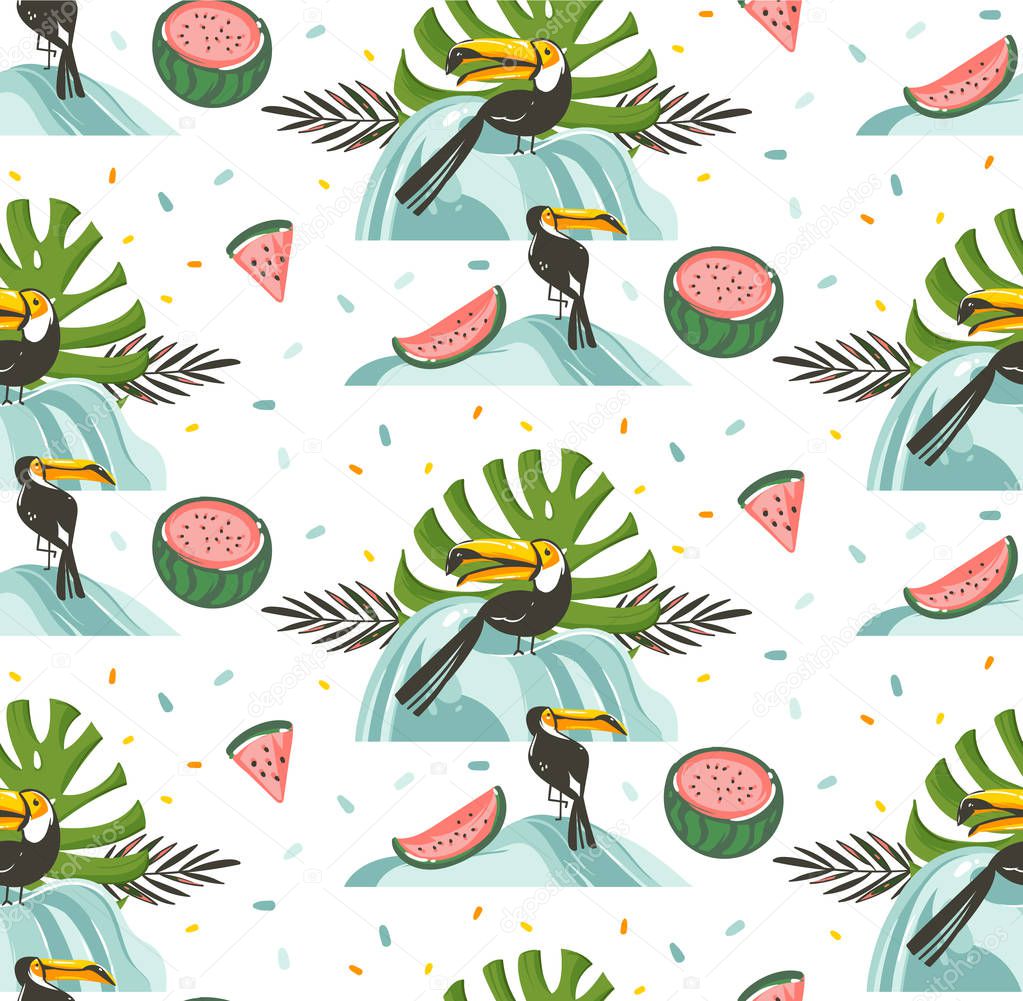 Hand drawn vector abstract graphic cartoon summer time flat illustrations seamless pattern with tropical birds toucan,beach scene,watermelons and palm leaves isolated on white background