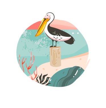 Şablon arka plan rozet tasarım okyanus plaj manzara ile çizilmiş vektör karikatür yaz saati grafik çizimler el, kopya alanı yer metniniz için günbatımı ve güzellik Pelikan kuşla pembe