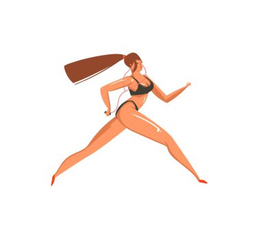 Beyaz arka plan üzerinde izole sahilde bikinili kız karakter çalıştıran güzelliği ile çizilmiş vektör grafik karikatür yaz saati koleksiyonu düz çizimler el
