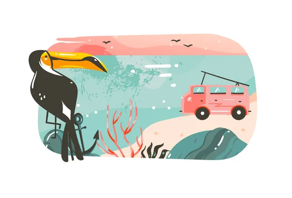 Hand getekende vector abstracte cartoon zomertijd grafische illustraties kunst banner achtergrond met oceaan strand landschap, roze zonsondergang, van camper auto, toekans en kopie ruimte plaats geïsoleerd op wit — Stockvector