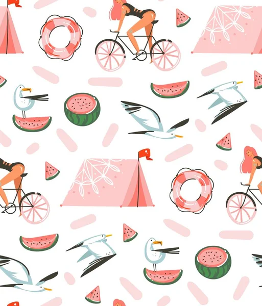 Ręka wektor ciągnione streszczenie kreskówka czas letni ilustracje graficzne artystyczny bezszwowe wzór z plaży frajer ptaków, namiot kempingowy, arbuz i piękna dziewczyna na rowerze na białym tle — Wektor stockowy