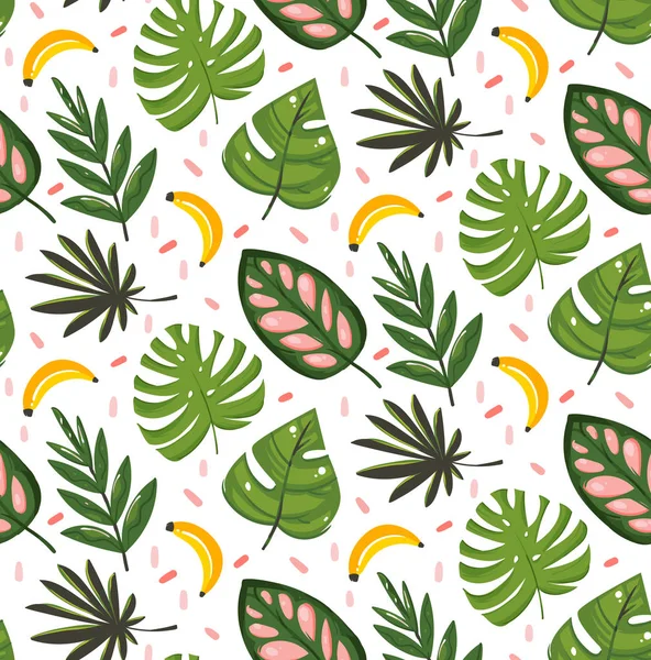 Dibujos animados abstractos vectoriales dibujados a mano ilustraciones gráficas de verano patrón sin costuras con frutas de plátano y hojas de palmeras tropicales aisladas sobre fondo blanco — Vector de stock