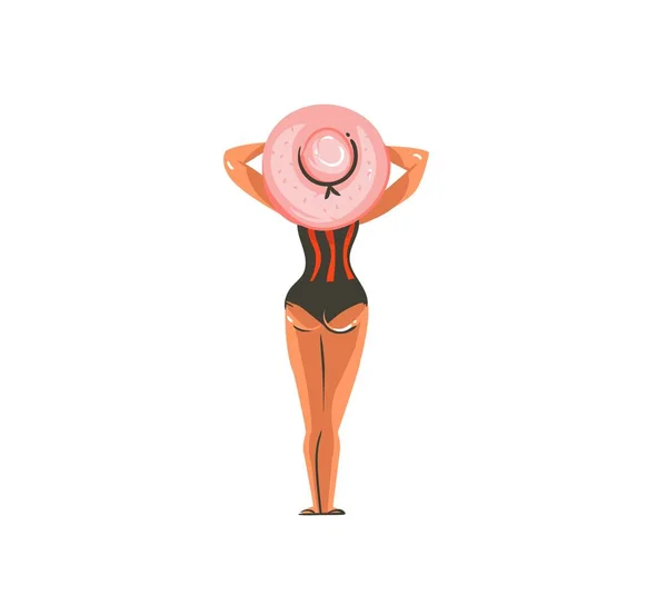 Mão desenhado vetor abstrato gráfico cartoon verão tempo coleção plana ilustrações com beleza menina personagem com chapéu bonito na praia isolado no fundo branco —  Vetores de Stock