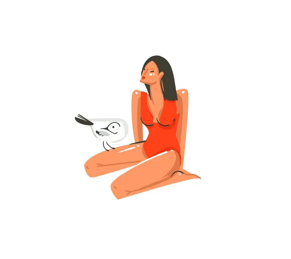 Ручной рисунок вектор абстрактный графический мультфильм летнее время коллекция плоские иллюстрации с красоткой персонаж девушка с seaguul на пляже изолированы на белом фоне — стоковый вектор
