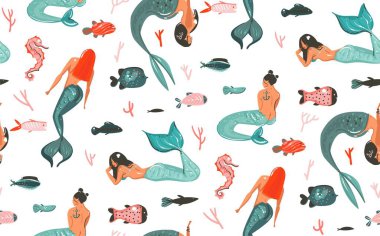 Denizanası, balıklar ve beyaz arka plan üzerinde bohem deniz kızı kız karakter izole güzellik ile çizilmiş vektör karikatür grafik yaz saati sualtı illüstrasyonlar seamless modeli el