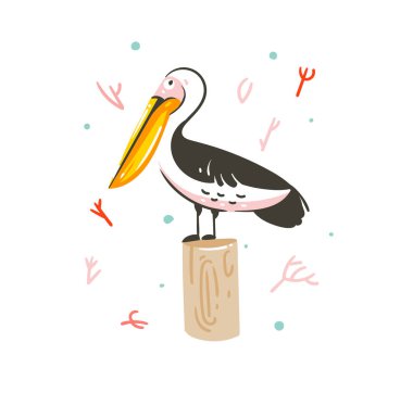 Beyaz arka plan üzerinde izole egzotik deniz Pelikan kuşu ile elle çizilmiş vektör karikatür yaz saati grafik dekorasyon illüstrasyonlar sanat