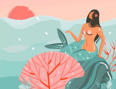 Elle çizilmiş vektör karikatür yaz saati grafik çizimler şablon arka plan sanat Okyanusu günbatımı manzarasıyla, güzellik deniz kızı kız mavi dalgalar üzerinde izole