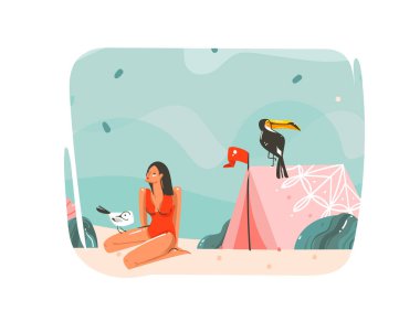 Elle çizilmiş vektör karikatür yaz saati grafik çizimler şablon arka plan sanat okyanus plaj manzara, pembe çadır, metniniz için kopya alanı yer ile toucan kuş ve güzellik kız