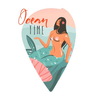 Elle çizilmiş vektör karikatür yaz saati grafik sualtı çizimler şablon arka plan sanat okyanus, güzellik deniz kızı kız ve üzerinde beyaz izole okyanus zaman tipografi metin