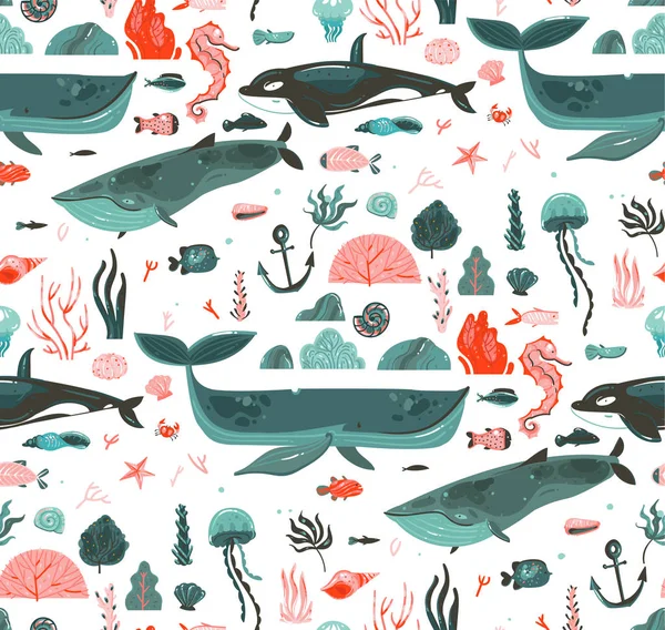 Hand dras vektor abstrakt tecknad grafisk sommartid undervattens havet botten illustrationer sömlösa mönster med korallrev, skönhet stora valar, späckhuggare sjögräs isolerad på vit bakgrund — Stock vektor