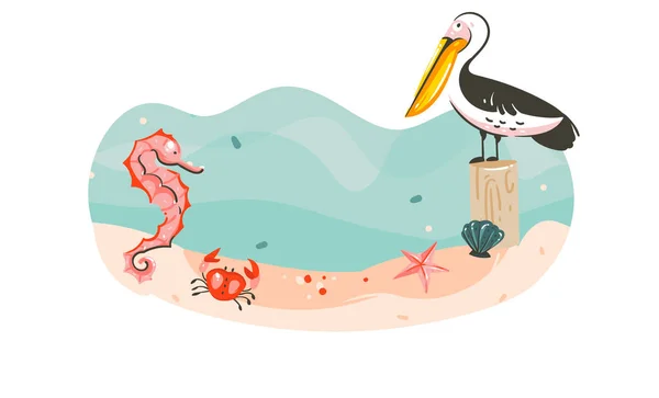 Hand drawn vector abstract cartoon summer time graphic underwater illustrations template background scene with sea bottom,seahorse,pelican bird,starfish and copy space place isolated on white — Stock Vector