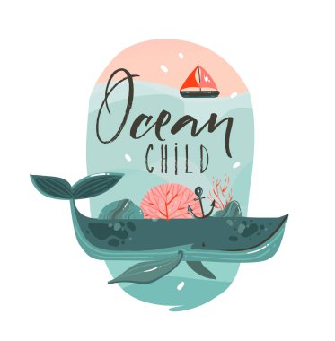 Çizilmiş vektör karikatür yaz saati grafik çizimler şablon baskı rozet arka plan sanat güzellik balina okyanus dalgaları, yelken ve okyanus tırnak üzerinde beyaz arka plan izole çocuk ile el