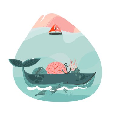 Çizilmiş vektör karikatür yaz saati grafik çizimler şablon baskı logo arka plan sanat güzellik büyük balina, yelken ve kopya alanı için arka plan üzerinde beyaz izole metin ile el