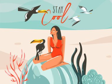 Çizilmiş vektör karikatür yaz saati grafik çizimler şablon işareti arka plan sanat el ile kız, plaj sahne ve modern tipografi kalmak serin beyaz arka plan üzerinde izole toucan kuşlar