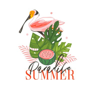 Elle çizilmiş vektör grafik karikatür yaz düz illüstrasyonlar tropikal kuşlar ile oturum açtığınızda, tropikal palmiye yaprakları, karpuz ve tırnak üzerinde beyaz arka plan izole cennet yaz tipografi
