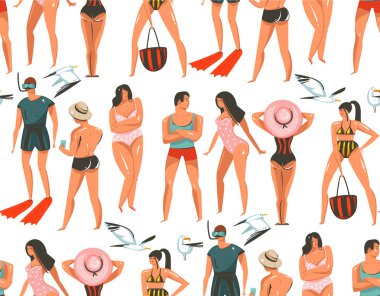 El çizilmiş vektör grafik karikatür yaz saati koleksiyonu düz illüstrasyonlar seamless modeli sahilde deniz beyaz arka plan üzerinde izole martı ile kız ve erkek karakterlerle