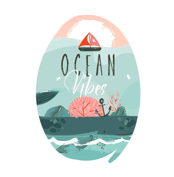 Hand getrokken vector abstracte cartoon zomertijd grafische illustraties kunst sjabloon badge achtergrond met oceaan strand landschap, grote walvis, zonsondergang scène en Oceaan vibes typografie offerte — Stockvector