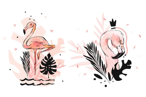 Vetor desenhado à mão abstrato gráfico à mão livre texturizado esboço rosa flamingo e folhas de palma tropical desenho ilustração coleção conjunto com elementos de decoração moderna isolado no fundo branco — Vetor de Stock