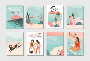 El çizimi vektör soyut grafik karikatür yaz zamanı düz çizimler plaj insanları, deniz kızı ve balina, gün batımı ve beyaz arka planda izole tropikal kuşlar ile şablon koleksiyonu