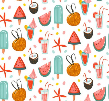 El çizimi soyut karikatür yaz zamanı düz çizimler kokteyller, karpuzlar ve beyaz arka planda izole edilmiş dondurma desenleri