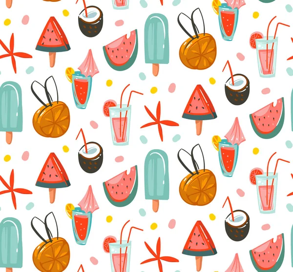 El çizimi soyut karikatür yaz zamanı düz çizimler kokteyller, karpuzlar ve beyaz arka planda izole edilmiş dondurma desenleri