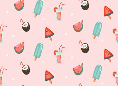 Çizilmiş vektör grafik karikatür yaz saati düz illüstrasyonlar Dikişsiz desen kokteyller, karpuz ve dondurma pastel pembe izole el