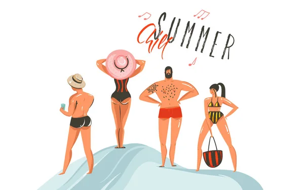 Hand drawn vector abstract graphic cartoon summer time collection flat illustrations set with boys and girl characters on the beach with Summer Chill typography text isolated on white background — Stock Vector