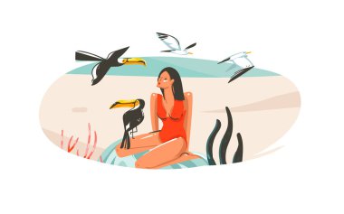 Kız, plaj sahne ve beyaz arka plan üzerinde izole tropikal kuşlar üzerinde rahatlatıcı ile çizilmiş vektör karikatür yaz saati grafik çizimler şablon işareti arka plan sanat el