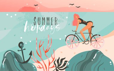 Elle çizilmiş vektör karikatür yaz saati grafik çizimler şablon bir arka plan ile okyanus plaj manzara, gün batımı, güzellik kız bisiklet ve yaz tatili tipografi alıntı metin