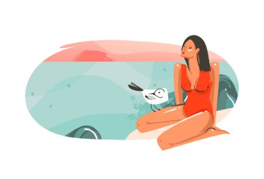 Elle çizilmiş vektör soyut çizgi film yaz saati grafik hawaii illüstrasyonlar şablon arka plan sanat logo tasarlamak okyanus plaj manzara, pembe günbatımı ve güzellik kız metin için yer ile