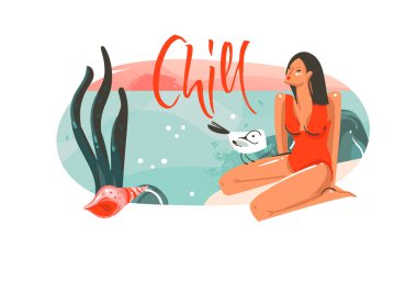 Sanat şablon arka plan logo tasarım okyanus plaj manzara, pembe günbatımı ve güzellik kız sakin tipografi alıntı ile çizilmiş vektör karikatür yaz saati grafik hawaii çizimler el