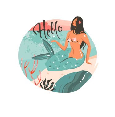 Elle çizilmiş vektör karikatür yaz saati grafik çizimler sanat şablon arka plan logo tasarımı ile okyanus plaj manzara, gün batımı ve güzellik mermaid kızı Merhaba tipografi alıntı ile