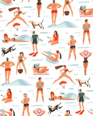 Elle çizilmiş vektör karikatür yaz saati grafik çizimler sanatsal Dikişsiz desen rahatlatıcı insanlar, plaj kuşlar, köpekler ve güzellik kız beyaz arka plan üzerinde izole plaj üzerinde çalışan