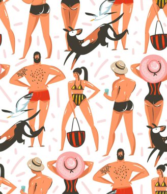 El çizilmiş vektör grafik karikatür yaz saati koleksiyonu düz illüstrasyonlar seamless modeli köpekler ve deniz beyaz arka plan üzerinde izole martı ile sahilde kız ve erkek karakterlerle