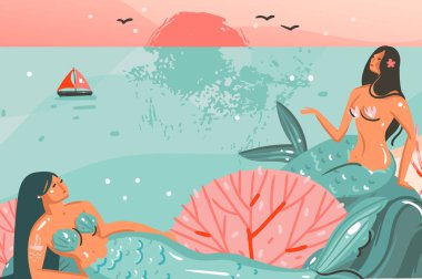 Elle çizilmiş vektör karikatür yaz saati grafik çizimler şablon bir arka plan ile plaj sahnesinde izole okyanus plaj manzara, gün batımı ve güzellik kızlar deniz kızı