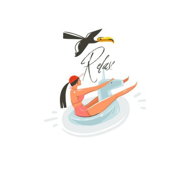 Tek boynuzlu at float halkası yüzme havuzu ve beyaz arka plan üzerinde izole Relax tipografi üzerinde güzellik kız ile çizilmiş vektör karikatür yaz saati grafik çizimler sanat el