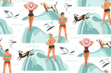 El çizilmiş vektör grafik karikatür yaz saati koleksiyonu düz illüstrasyonlar seamless modeli sahilde deniz martı ve beyaz arka plan üzerinde izole köpek ile kız ve erkek karakterlerle