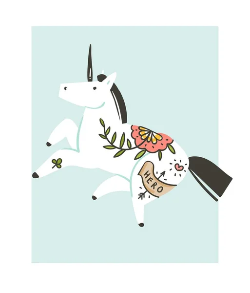 Vettore disegnato a mano grafica astratta creativo cartone animato illustrazioni opere d'arte con semplice personaggio astronauta unicorno con tatuaggio vecchia scuola isolato su sfondo bianco — Vettoriale Stock
