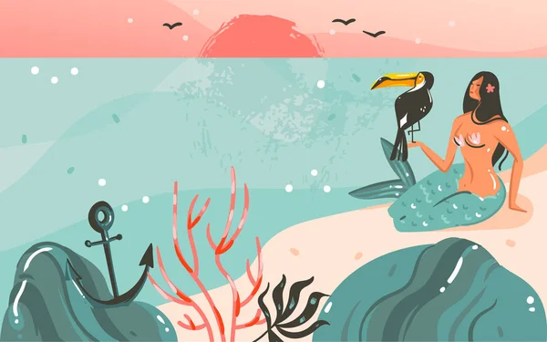 Hand drawn vector abstract cartoon summer time graphic illustrations template background with ocean beach landscape,sunset and beauty girl mermaid,toucan bird with copy space place for your text — Stock Vector