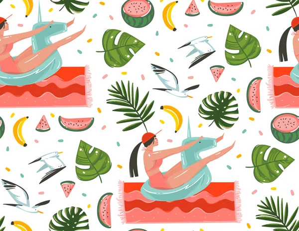 手描画ベクトル抽象的な漫画夏の時間のグラフィック イラスト、リラックスした女の子、ビーチ鳥、スイカ シームレスなパターンを白い背景の上分離されたバナナ果物や熱帯のヤシの葉 — ストックベクタ
