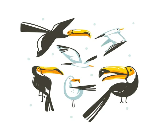 Dibujos animados abstractos vectoriales dibujados a mano tiempo de verano ilustraciones decoración gráfica colección arte conjunto con exóticas aves de la selva tropical tucán y gaviotas de mar aisladas sobre fondo blanco — Vector de stock