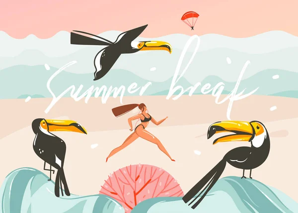 Ручной рисунок векторные абстрактные мультфильмы летнее время графические иллюстрации шаблон фона с океанским пляжем пейзаж, розовый закат, тукан птиц и бегущая красотка с летними каникулами типографика — стоковый вектор