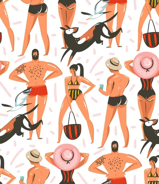 El çizilmiş vektör grafik karikatür yaz saati koleksiyonu düz illüstrasyonlar seamless modeli köpekler ve deniz beyaz arka plan üzerinde izole martı ile sahilde kız ve erkek karakterlerle