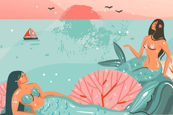 Elle çizilmiş vektör karikatür yaz saati grafik çizimler şablon bir arka plan ile plaj sahnesinde izole okyanus plaj manzara, gün batımı ve güzellik kızlar deniz kızı