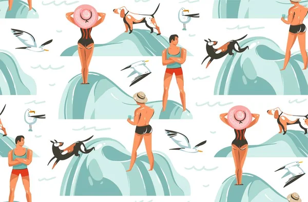 El çizilmiş vektör grafik karikatür yaz saati koleksiyonu düz illüstrasyonlar seamless modeli sahilde deniz martı ve beyaz arka plan üzerinde izole köpek ile kız ve erkek karakterlerle
