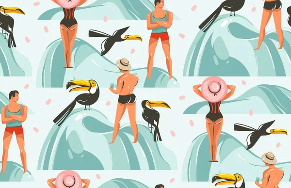 El çizilmiş vektör grafik karikatür yaz saati düz illüstrasyonlar Dikişsiz desen beyaz arka plan üzerinde izole tropikal toucan kuşlar ile sahilde kız ve erkek karakterlerle